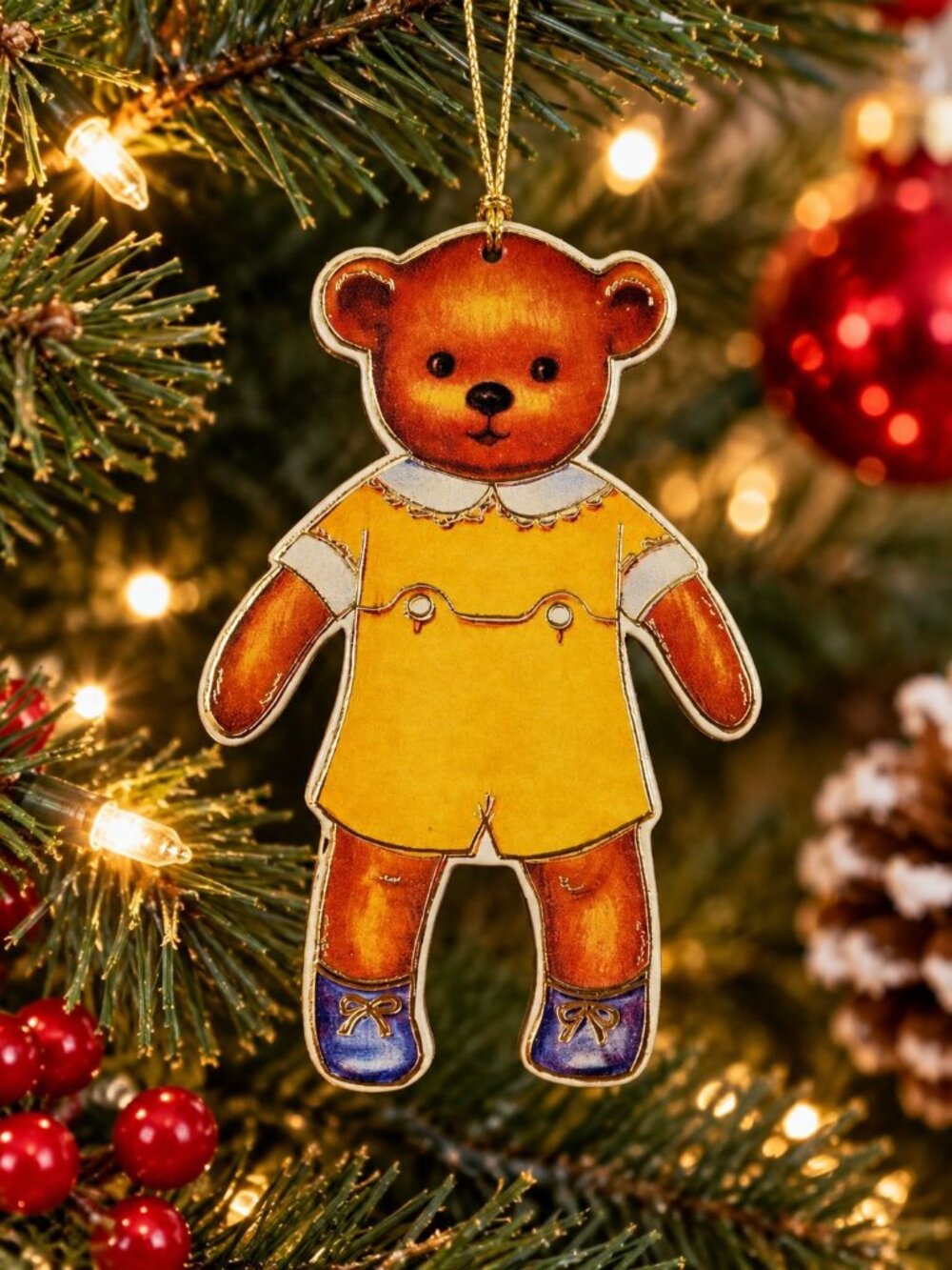 Vintage 1986 Merrimack Wooden Teddy Bear Christmas Ornament Yellow Outfit